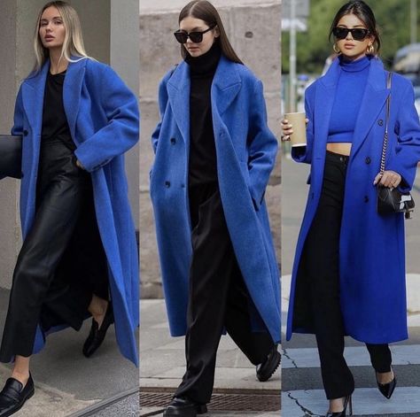 Blue Coat Outfit, Coat Outfits For Women, Bright Winter Outfits, Royal Blue Coat, Blue Winter Coat, Winter Coat Outfits, Jacket Outfit Women, Moody Blues, Blue Coat