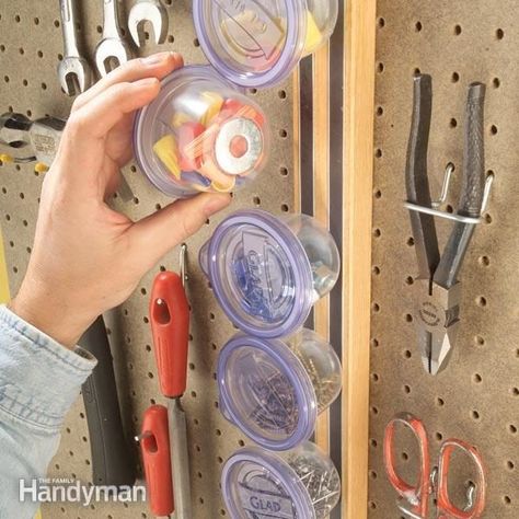 Hardware Storage: DIY Tips and Hints Garage Organization Cheap, Laundry Detergent Bottles, Garage Organisation, Paint Stir Sticks, Cheap Organization, Hardware Storage, Garage Organize, Tape Dispenser, Nails And Screws