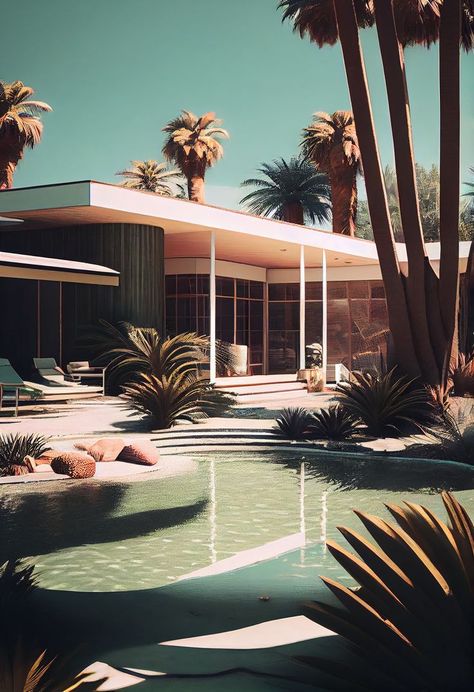 Treat yourself to a mid-century home, a sparkling pool and a jungle of palm trees for the ultimate tropical escape! Get a taste of the Palm Springs vibes when you take a dip in the refreshing pool. Would you buy a pack of these wallpapers? #midcenturyhome #sunnyday #tropicalretreat #designdesign #homedecor #wallpaperinspo #0102 70’s House, Palm Springs Homes, Spring Architecture, Palm Springs Houses, Home With Pool, Palm Springs House, Midcentury Architecture, Modernist House, Palm Spring