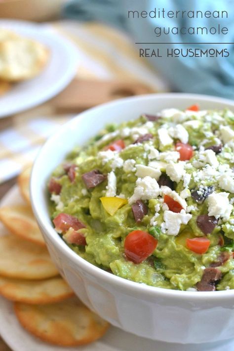 Mediterranean Guacamole combines some of my favorite flavors into one delicious dip! It's a fun twist on the original, and perfect for summer entertaining!! Creamy Sauces, Easy Appetizers, Veggie Dip, Summer Entertaining, Mediterranean Diet Recipes, Yummy Dips, Appetizer Dips, Mexican Restaurant, Greek Recipes