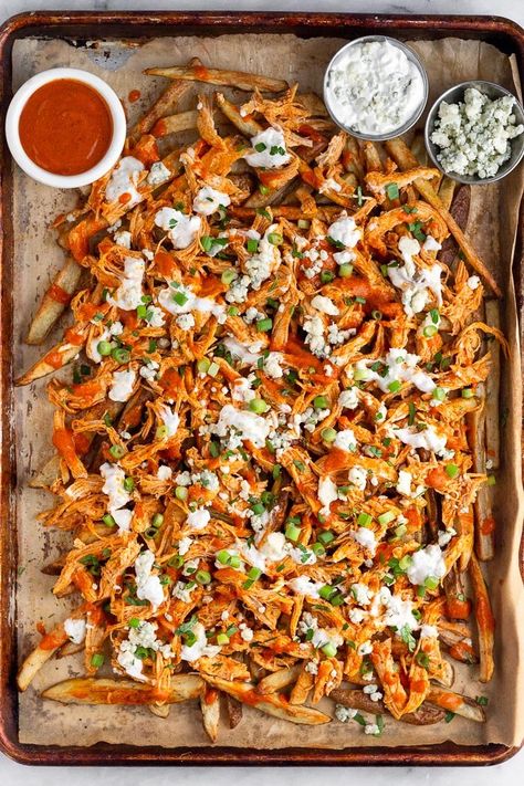 Buffalo Chicken Fries Recipes, Buffalo Chicken Fries, Buffalo Fries, Best French Fries, Shredded Buffalo Chicken, Blue Cheese Crumbles, Chicken Buffalo, Chicken Fries, Easy Buffalo Chicken