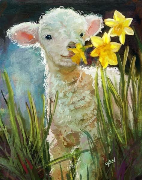 Smiling Lamb, Farm Animal Paintings, Animal Paintings Acrylic, Sheep Paintings, Easter Paintings, Sheep Art, Farm Art, Cute Paintings, Easter Art