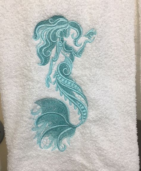 Mermaid Hand Embroidery, Mermaid Tail Embroidery, Embroidered Towels Bathroom, Mermaid Bath, Embroidered Mermaid, Mermaid Towel, Seafoam Color, Mermaid Bathroom, Cat Bath