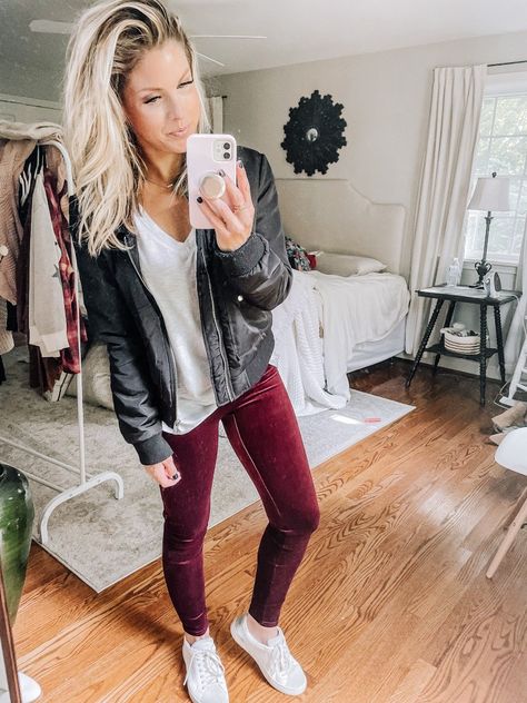 Crushed Velvet Leggings Outfit, Wine Leggings Outfit Winter, How To Style Velvet Leggings, Burgundy Velvet Leggings Outfit, Velvet Leggings Outfit Winter, Velvet Leggings Outfit Casual, Red Velvet Leggings Outfit, Velvet Leggings Outfit Dressy, Maroon Velvet Pants Outfit