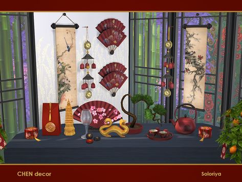 soloriya's Chen Decor Sims 4 Kitchen, Sims Stories, Sims 4 Clutter, Asian Furniture, Chinese Decor, Asian Home Decor, Chinese Furniture, Sims 4 Toddler, Sims 4 Cc Furniture