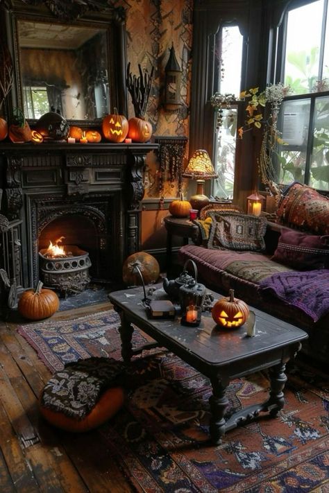 Green Witch Aesthetic Home Living Room, Halloween Decorations Indoor Living Room, Witchy Rooms, Witch Living Room, Witchy House Decor, Witchy Living Room, Goth Living Room, Witchy House, Halloween Decorations Ideas