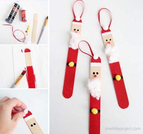 Popsicle Stick Santas | one little project | one little project | Bloglovin’ Diy Santa Ornaments, One Little Project, Popsicle Stick Ornaments, Popsicle Stick Christmas Crafts, Believe In Santa, Kids Christmas Ornaments, Christmas Arts And Crafts, Fun Ornaments, Make Do