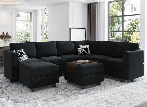 Belffin Modular Sectional Sofa with Storage Seat Oversized U Shaped Couch with Reversible Chaise Sofa Set with Ottoman Velvet Black Oversized Sectional Sofa, Sofa Arrangement, Couch With Storage, Black Sectional, Storage Seat, U Shaped Couch, Living Room Furniture Styles, Couch With Ottoman, Sofa With Storage