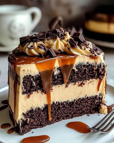 Chef Michael D. Symon | Chocolate Fudge Cake with Salted Caramel Buttercream, Salted Caramel, and Dark Chocolate Ganache 🍫🍰 | Facebook Cake With Layers, Salted Caramel Buttercream, German Chocolate Cake Mix, Gooey Caramel, Dark Chocolate Ganache, Caramel Buttercream, Fudge Frosting, Rich Chocolate Cake, Chocolate Fudge Cake