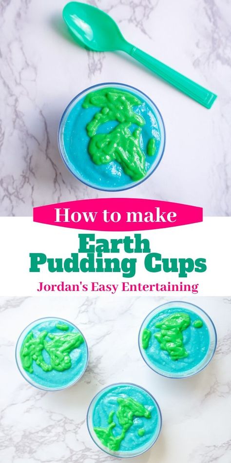 How To Make Earth Pudding Cups | Jordan's Easy Entertaining How To Make Earth, Around The World Games, Pampered Chef Consultant, Pudding Cups, Yellow Foods, Blue Food Coloring, Easy Entertaining, Fun Treats, Science Experiments Kids