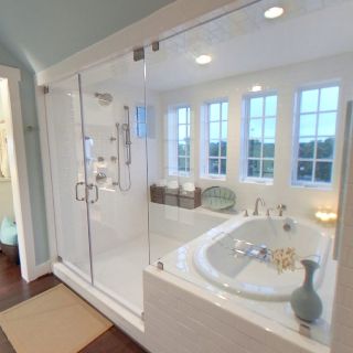 Yes!!  Enclosed tub/shower combo - just need dual shower heads and different tile and this is perfect.  If wall next to tub was a connecting wall with the bedroom you could have a fireplace that's visible on both sides... Enclosed Tub, Master Bath Remodel, Trendy Bathroom, Tub Shower Combo, Tub Shower, Dream Bathrooms, Bathroom Renos, Wet Rooms, Bath Ideas