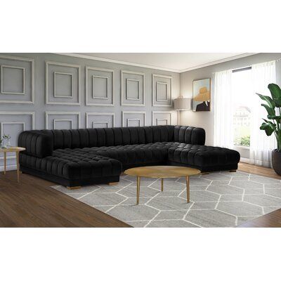 Settle in for family game night atop this Gwen velvet sectional that's upholstered with soft velvet material. This 3-piece sectional has a lot to offer, with its deep seating and extra wide design that gives you oodles of room to move around and get comfy. The tufted design of the arms, back, and seats adds to their durability and soft, welcoming touch. The sectional comes with two sets of legs in both gold and chrome to mesh nicely with other elements in your room. Everly Quinn Fabric: Living B Modern Living Room Lighting, Large Sectional, Velvet Sectional, Sectional Sofas Living Room, 3 Piece Sectional, Meridian Furniture, Upholstered Sectional, Family Game, Living Room Sectional