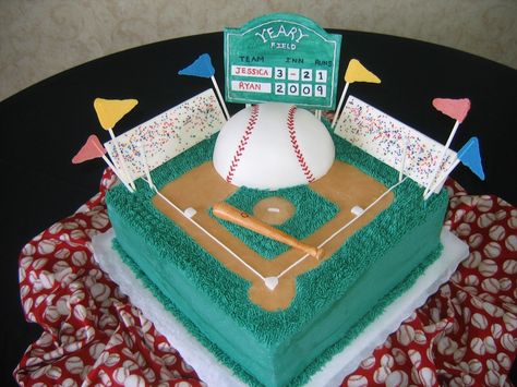 This cake was for a wedding rehearsal dinner and the groom is a huge baseball fan. Gumpaste scoreboard, white chocolate "stands" and flags. Cake is covered in buttercream and the baseball is covered in fondant with royal icing "stitching" Baseball Field Cake, Baseball Theme Cakes, Flags Cake, Rehearsal Dinner Cake, Baseball Cakes, Baseball Birthday Cakes, Diamond Cake, Baseball Theme Birthday, Baseball Cake