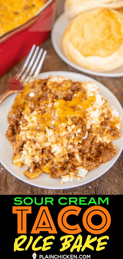 Taco Sour Cream Rice Bake - easy weeknight ground beef casserole ready in under 30 minutes!! Rice, sour cream, cottage cheese topped with a quick homemade taco meat sauce and cheddar cheese. Can make in advance and refrigerate or freeze for later. A fun twist to taco night! Serve with some black beans and crusty bread. #taco #groundbeef #casserole #freezermeal Sour Cream Rice Bake, Homemade Taco Meat, Sour Cream Rice, Easy Ground Beef Casseroles, Creamed Rice, Mexican Casserole Recipe, Rice Bake, Bake Easy, Mango Mousse