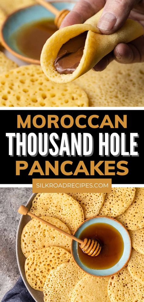 Moroccan Thousand Hole Pancakes are a great recipe for a breakfast, snack, dessert, or iftar meal during Ramadan! They are very different from the thick cake-like consistency of an American pancake. The signature tiny holes across them is why they also go by names like honeycomb pancakes, and Moroccan crepes. With Baghrir the spongy consistency is perfect for soaking up honey butter, syrup, or whatever you decide to serve them with. Easy Moroccan Dessert, Breakfast In The Go, Middle Eastern Pancakes, Breakfast From Around The World, Turkish Pancakes, Moroccan Crepes, Arabic Pancakes, Ramadan Breakfast, American Dinner Recipes