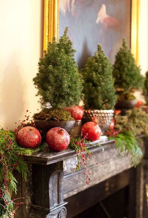 Il melograno il celebre frutto porta fortuna, perfetto per la tavola di Natale Winter Mantle Decor, Natal Country, The Mantle, Xmas Deco, Christmas Mantle, Have Inspiration, Christmas Mantels, Fireplace Mantel, Mantel Decorations