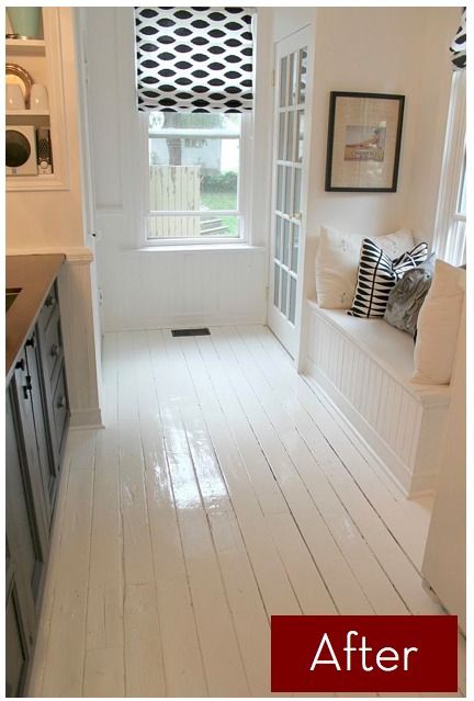 Great before and after pictures on this website! Love the bright white glossy!! White Painted Wood Floors, White Painted Floors, Painted Wooden Floors, Painted Hardwood Floors, Painted Floorboards, Hardwood Bedroom Floors, Painted Wood Floors, Floor Makeover, White Wood Floors