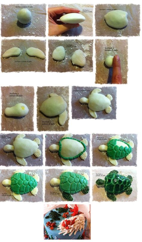 Polymer Clay Kunst, Clay Turtle, Turtle Cake, Fondant Animals, ดินปั้น Polymer Clay, Fondant Tutorial, Polymer Clay Animals, Fondant Figures, Clay Animals