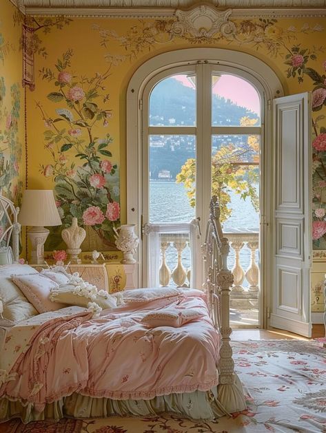 Pale Yellow Bedroom, Pastel Yellow Bedroom, Ancient Mural, Yellow Rooms, Fresco Painting, Dream Inspiration, Royal Room, Fall Bedroom Ideas, English Cottage Decor