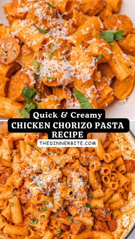 Are you in love with creamy chicken and chorizo pasta? Then, you've found your new favorite recipe! This Creamy Chicken And Chorizo Pasta from The Dinner Bite is the ultimate comfort food, perfect for family dinners or weekend meals. Pin it now and enjoy every bite! 😍🍽 Chicken And Chorizo Pasta Bake, Creamy Chicken Chorizo Pasta, Dinners With Chorizo, Chorizo And Chicken Recipes, Creamy Chorizo Pasta, Chicken Chorizo Pasta, Chorizo Recipes Dinner Easy, Chicken And Chorizo Recipes, Chicken Chorizo Recipe