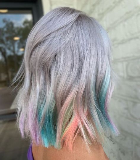 Gray Hair with Rainbow Highlights Vivid Short Hair, Blonde Hair Pop Of Color, Fantasy Hair Color Short, Shoulder Length Ombre Hair, Elder Goth, Hair Formulas, Ombre Hair Ideas, Silver Ombre Hair, Dark Ombre Hair