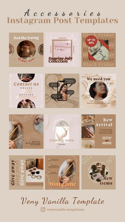 Color Palette Jewelry, Color Palette Brown, Vintage Color Palette, Free Social Media Templates, Instagram Branding Design, Instagram Feed Planner, Vintage Colour Palette, Facebook Layout, Brown Accessories