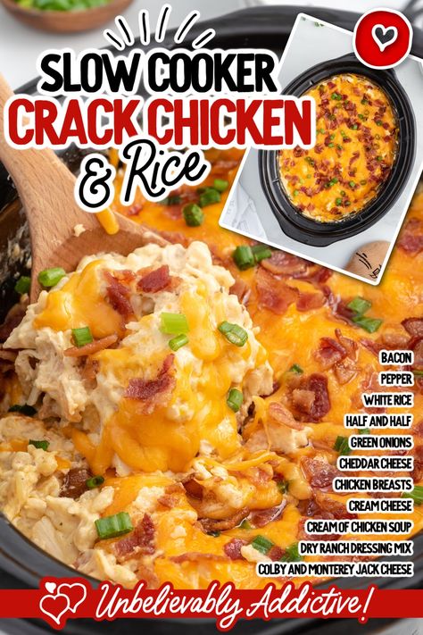 close up shot of crack chicken and rice garnished with green onions in a crockpot. Open Refrigerator, Stuffed Chicken Breast Cream Cheese, Chicken Rice Casserole, Spaceships And Laser Beams, Boy Birthday Party Ideas, Favorite Recipes Dinner, Crockpot Dishes, Best Comfort Food, Time With Family