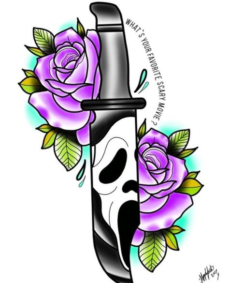 Scream, Tattoo Design Pastel Horror Tattoo, Scream Tattoo With Flowers, Scream Traditional Tattoo, Girly Scream Tattoo, Cartoon Horror Tattoos, New School Horror Tattoo, Scream Flash Tattoo, Cute Scream Tattoo, New School Tattoo Designs Drawings