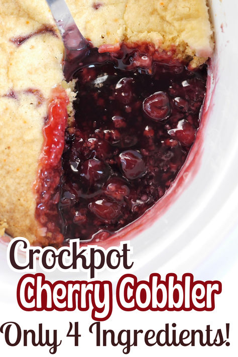 Say what?? Only 4 ingredients!? This easy dump and go crockpot cherry cobbler is super easy to make and a great treat for using up cherry pie filling. Crock Pot Cherry Cobbler, Crockpot Cherry Dump Cake Recipes, Crockpot Fruit Cobbler, Cherry Cobbler Crockpot Recipe, Crockpot Cherry Crisp, Cherry Cobbler Dump Cake, Crockpot Cobbler Recipes, Cherry Cobbler Recipe Easy, Cherry Cobbler With Pie Filling