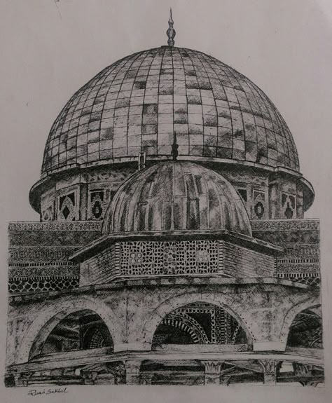 Dome of the Rock Al Aqsa Mosque Drawing Sketches, Dome Of The Rock Sketch, Masjid Nabawi Drawing, Dome Of The Rock Drawing, Masjid Al Aqsa Drawing, Dome Drawing, Drawing Mosque, Mosque Sketch, Mosque Painting