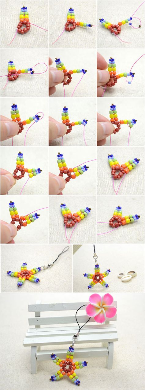 Tutorial for cute star phone charm from LC.Pandahall.com Huichol Pattern, Beaded Starfish, Seed Bead Projects, Tiger Tail, Seed Bead Crafts, Cute Star, Diy Jewelry Necklace, Bead Weaving Patterns, Bead Loom Bracelets