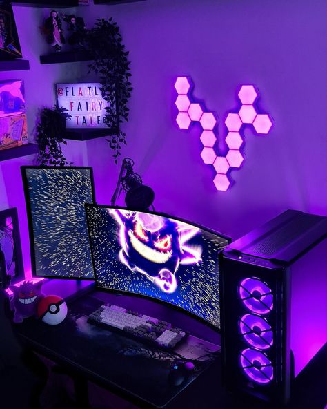 Jojo🧝🏻‍♀️Gaming|Tech|Weeb on Instagram: “💭𝕋𝕙𝕠𝕦𝕘𝕙𝕥𝕤: Who is your favourite Pokemon?❔⁠ .⁠ Did you know that Gengar was one of the first Pokemon seen in the series? whether you…” Gengar Gaming Setup, Black And Purple Gaming Room, Pokémon Game Room, Pokemon Gaming Setup, Pokemon Setup, Purple Gaming Aesthetic, Fortnite Setup, Black Gaming Room, Pokemon Bedroom