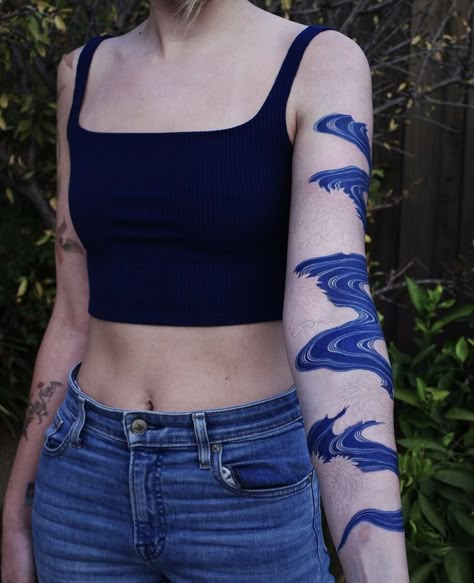 Blue Ink Tattoo, Black And Blue Tattoo, Tattoo Full Sleeve, Blue Tattoos, Blue Ink Tattoos, River Tattoo, Full Tattoo, Traditional Tattoo Designs, Full Arm Tattoos