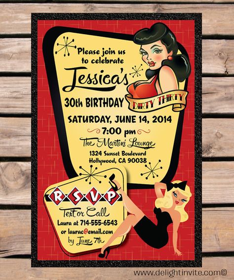 Rockabilly Pinup Birthday Invitation and Envelope Pin Up Party, Retro Bridal Showers, Rockabilly Party, Diner Party, Rock N Roll Party, Rockabilly Wedding, 30th Birthday Party, 30th Bday, Retro Pin Up