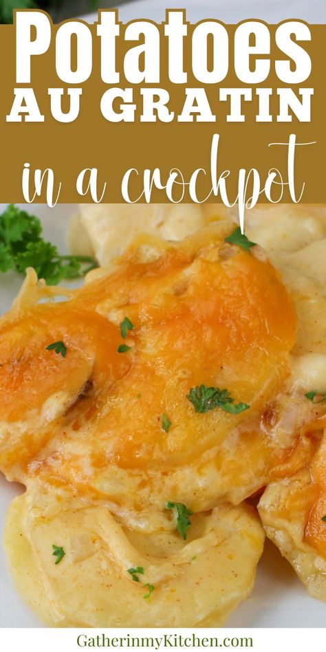 This recipe for Crock Pot au gratin potatoes is the perfect Thanksgiving side dish.  Goes well with roasted turkey and all the other delicious favorite Thanksgiving recipes. Ya Gratin Potatoes, Crockpot Augratin Potatoes Recipe, Best Cheese Potatoes Casserole, Homemade Potatoe Augratin, Potato’s Au Gratin Easy, Boxed Au Gratin Potatoes Crockpot, Potato Au Gratin Crock Pot, Al Gratin Potatoes Recipes, Thanksgiving Potato Casserole