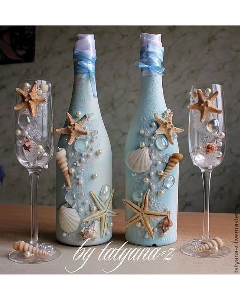 Deco Theme Marin, Wine Glass Wall, Nautical Bottle, Seashell Projects, Art Coquillage, Glass Bottle Diy, Diy Glass Bottle Crafts, Wine Bottle Art, Shell Crafts Diy