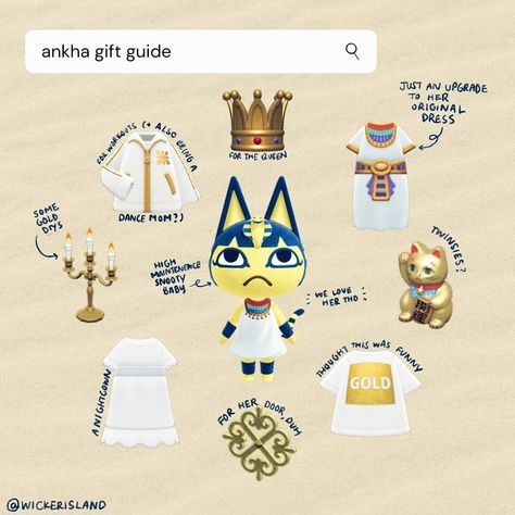 @wickerisland posted on their Instagram profile: “-ˏˋ ankha gift guide ˊˎ-⠀ ⠀⠀ ⠀ hopefully you guys weren't expecting something mind-blowing for this…” Ankha Acnh Gift Guide, Raymond Animal Crossing Gift Guide, Acnh Gifts For Villagers, Villager Gift Guide Acnh, Stitches Gift Guide Acnh, Acnh Ankha Yard, Animal Crossing Villager Gift Guide, Animal Crossing Villagers Guide, Acnh Villager Gift Guide