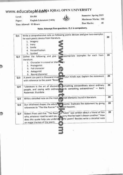 Aiou Past Papers BA 1426 Spring 2021 English Past Papers, First University, Past Papers, Islamic Studies, English Literature, Educational Websites, Business Administration, Blog Website, Old Paper