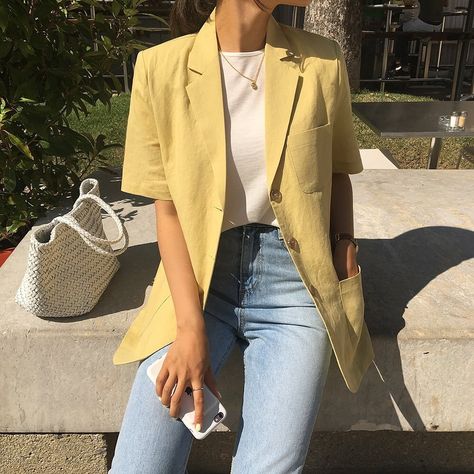 Short Sleeve Blazer Outfit, High Waist Outfits, Nude Outfits, Summer Blazer, Linen Fashion, Blazer Outfit, Vest Blazer, Classy Work Outfits, Stylish Work Outfits