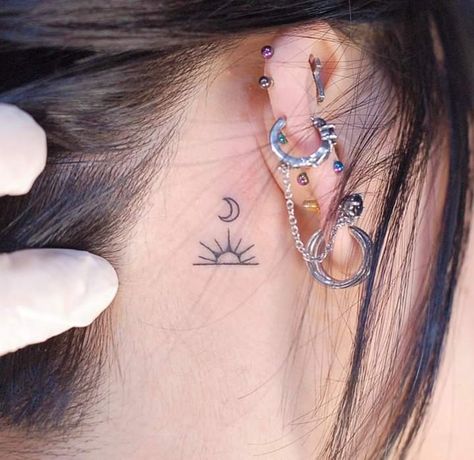 Back Ear Tattoo, Sun And Moon Tattoos, Button Tags, Moon Sun Tattoo, Behind Ear Tattoos, Moon Tattoos, Ear Tattoos, Hand And Finger Tattoos, Crescent Moon Tattoo