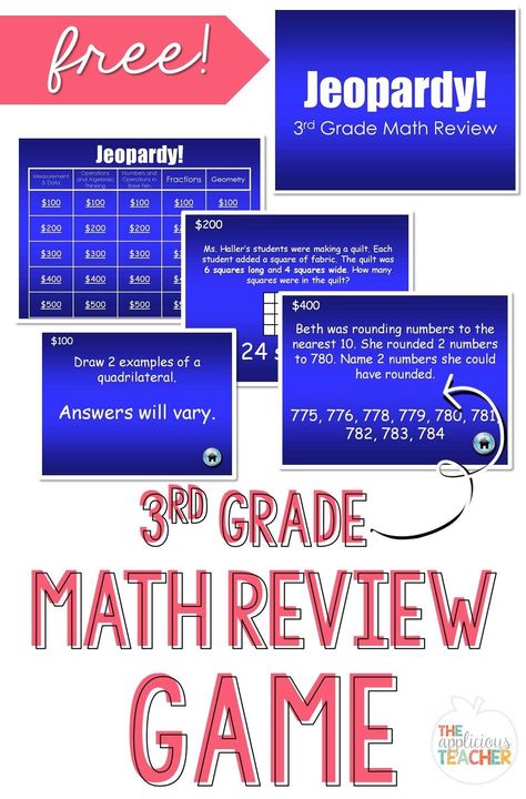 Math Review Jeopardy PowerPoint Game- Love this review game for 3rd grade! and it's free! Eqao Grade 3 Prep, 3rd Grade Math Review, Homeschool Budget, Map Testing, Substitute Binder, Jeopardy Template, Math Review Game, Classroom Management Tool, State Testing