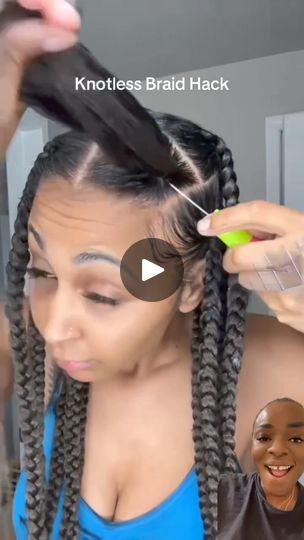 1.2M views · 21K reactions | Wow!!!

Check out this  eye catching Do it yourself knotless braids 
.
.
.
.
.
#viralreelsfacebook #trendingreelsvideo #viralshorts #viralreel... | By NanyaGrands | First, you smooth the hair down
like you do any knotless braids. This time you're
going to add a rubber band and don't add it too tight because
you're going to need to add hair in between the rubber band
and the natural hair. You then separate your hair into three
sections and add products so that they are clearly defined.
Next, take a crochet hook and a small piece of hair. Make sure
the hair is half the size of one of the sections of your
natural hair. You're going to push the hook in from right
side to left. Grab a piece and pull it through. You're
going to do the same thing from top to bottom. Y Style Hacks, Eye Makeup Techniques, Knotless Braids, Hair Down, The Hook, Makeup Techniques, Hair Tips, Rubber Band, Crochet Hook