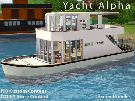 RamenNoodles' Yacht Alpha (A Houseboat) Family Sims 4, Sims 4 House Ideas, Small Houseboats, Sims 4 House, Houseboat Living, Sims 4 House Plans, Sims 4 House Design, Boat House, Huge Windows