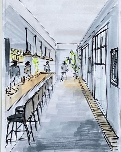 Quick sketch challenge - day 5/7 : Bar/restaurant in 1-point perspective #quicksketchchallenge_olgaart888 #sorokinastudents #perspectivedrawing #perspectivesketch #1pointperspective #1pointperspectivedrawing #1pointperspectivesketch #interiordesign #interiordesignersofinsta #interiordesigndrawing #interiordesignsketch #interiordesigndevon #sketchcommission #markerart #copicsketch #interiorsketchartist #interiordesignuk Two Point Perspective Drawing Interior, Perspective Drawing One Point, 1 Point Perspective Drawing, 1 Point Perspective, Perspective Sketch, Concept Sketches, Coffee Shop Interior Design, Drawing Interior, Architect Drawing