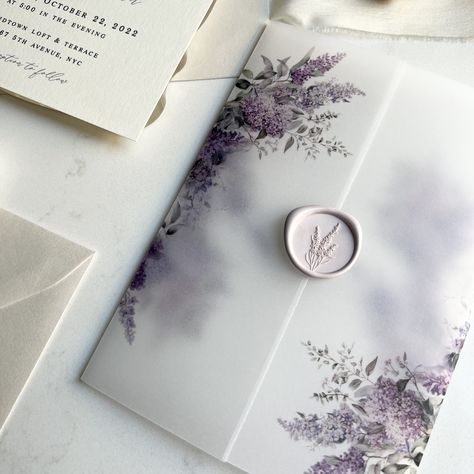 Lavender Grey Wedding, Lavender Purple Wedding, Wedding Invitation Purple, Lilac Wedding Invitations, Vellum Jacket, Whimsical Wedding Invitations, Lavender Wedding Invitations, Classy Wedding Invitations, Green Invitations