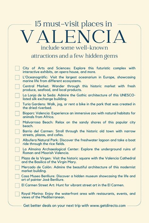 Unlock the 15 Must-Visit Places in the Heart of Valencia. Save it for your next trip to Valencia, Spain. More information on the link⬆️ #TravelValencia #BucketListValencia Valencia attractions | Valencia activities | Spain travel | things to do in Spain | Spain attractions | Valencia museums | Valencia things to do Spain Travel Valencia, Valencia Bucket List, Places To Go In Spain, Valencia Things To Do, Spain Things To Do, Valencia Photo Ideas, Valencia Spain Aesthetic, Valencia Outfit, Spain Activities