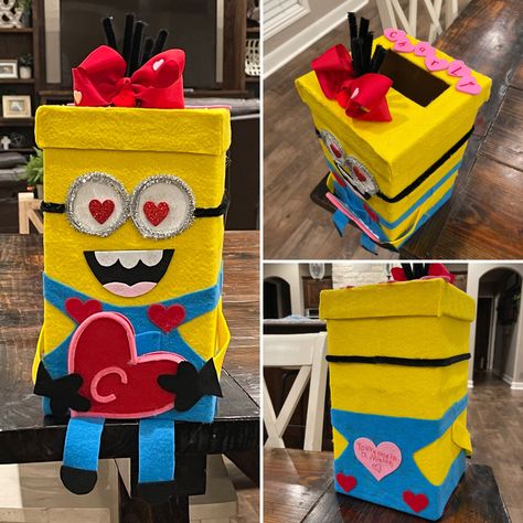 Minion, Valentine Box, Felt Minion Valentines Boxes, Mini Trash Can Valentine Box Ideas, Monster Valentines Boxes For Boys, Diy Minion Valentines Cards, Minions Box Ideas, Purple Minion Valentine Box Ideas, Minion Valentine, Minion Shoes, Minions Bob