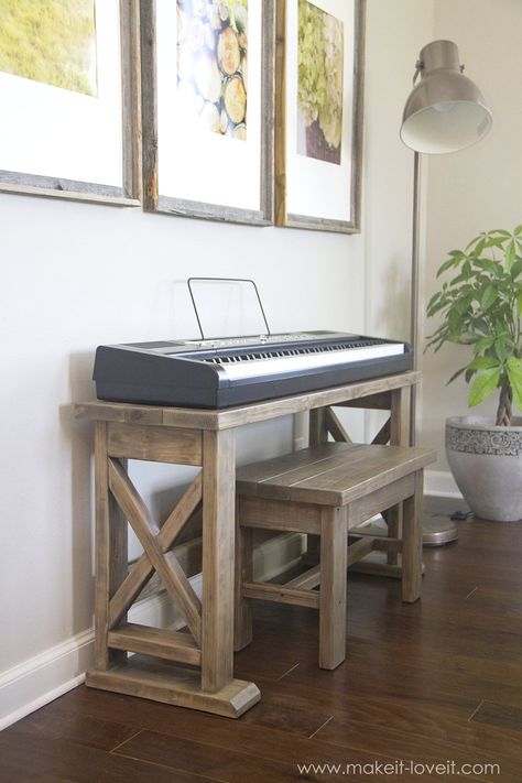 DIY Digital Piano Stand and Bench (...a $25 project!!) | via makeit-loveit.com Digital Piano Stand, Piano Stand, Kids Woodworking Projects, Diy Bank, Kitchen Ikea, Keyboard Stand, Woodworking Bed, Woodworking Projects For Kids, Woodworking For Kids