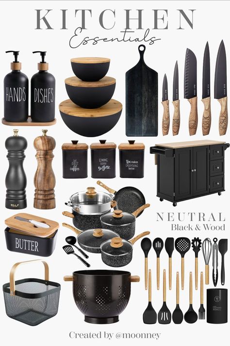 Black And White Apartment Aesthetic Kitchen, Black And Wood Kitchen Accessories, Apt Kitchen Decor Ideas, Minimalist Kitchen Organization Ideas, Kitchen Inspo Apartment, Small Apartment Decorating Kitchen, Corner Kitchen Counter Decor, Black And Gold Kitchen Decor, Black Kitchen Decor Ideas