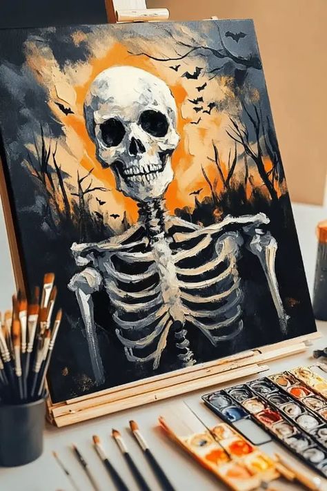 Art And Craft Ideas Halloween, Halloween Paintings Acrylic, Skull Painting Ideas On Canvas, Unique Art Pieces, Acralik Painting, Skeleton Painting Acrylic, Art Inspiration Painting Acrylics, Canvas Paintings Ideas, Unique Painting Ideas On Canvas